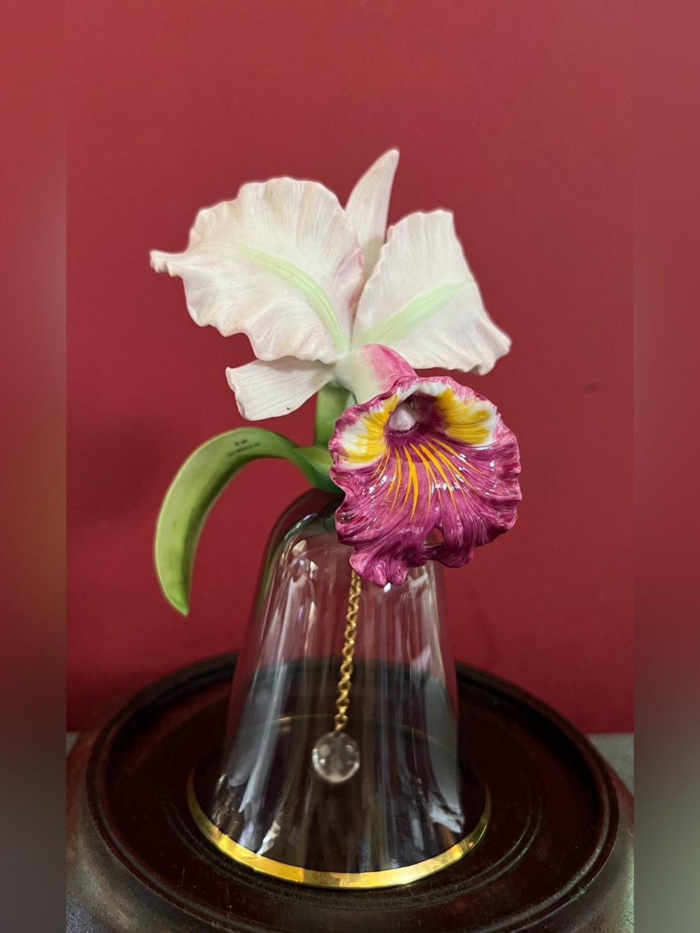 Franklin Mint 1987 Porcelain Orchid Glass Bell Gold Rim Crystal Clapper 6.25"